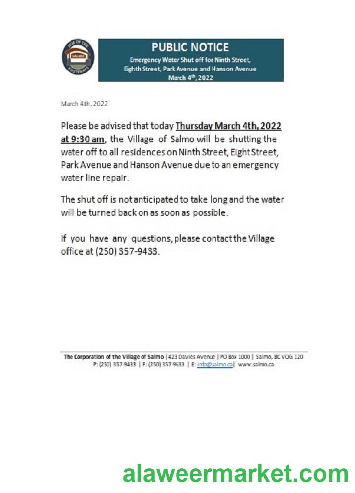 Canada British Columbia Hub of the Salmo Kootenays utility shut off notice